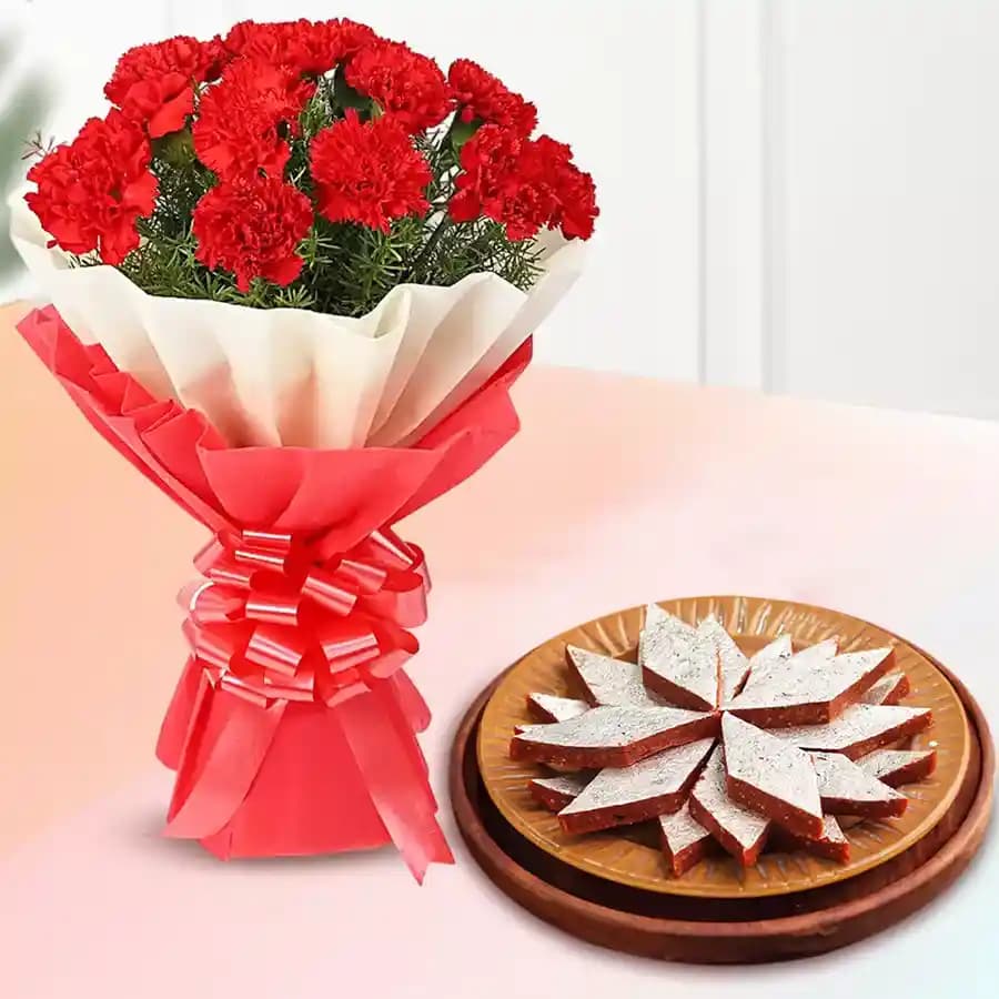 Fig Kathli from Sri Krishna Sweets with Red Carnation Tissue Wrapped Bouquet