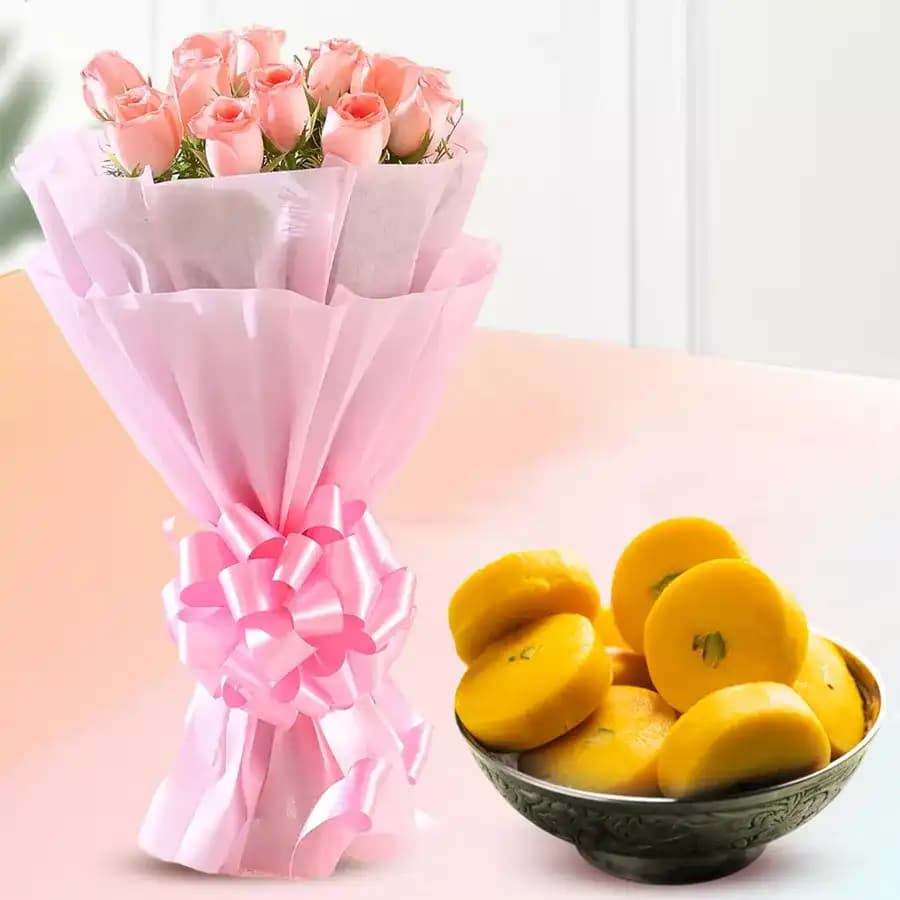 Kesar Peda from Sri Krishna Sweets with Pink Rose Bouquet