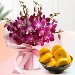 Kesar Peda from Sri Krishna Sweets with Orchid Bouquet 1
