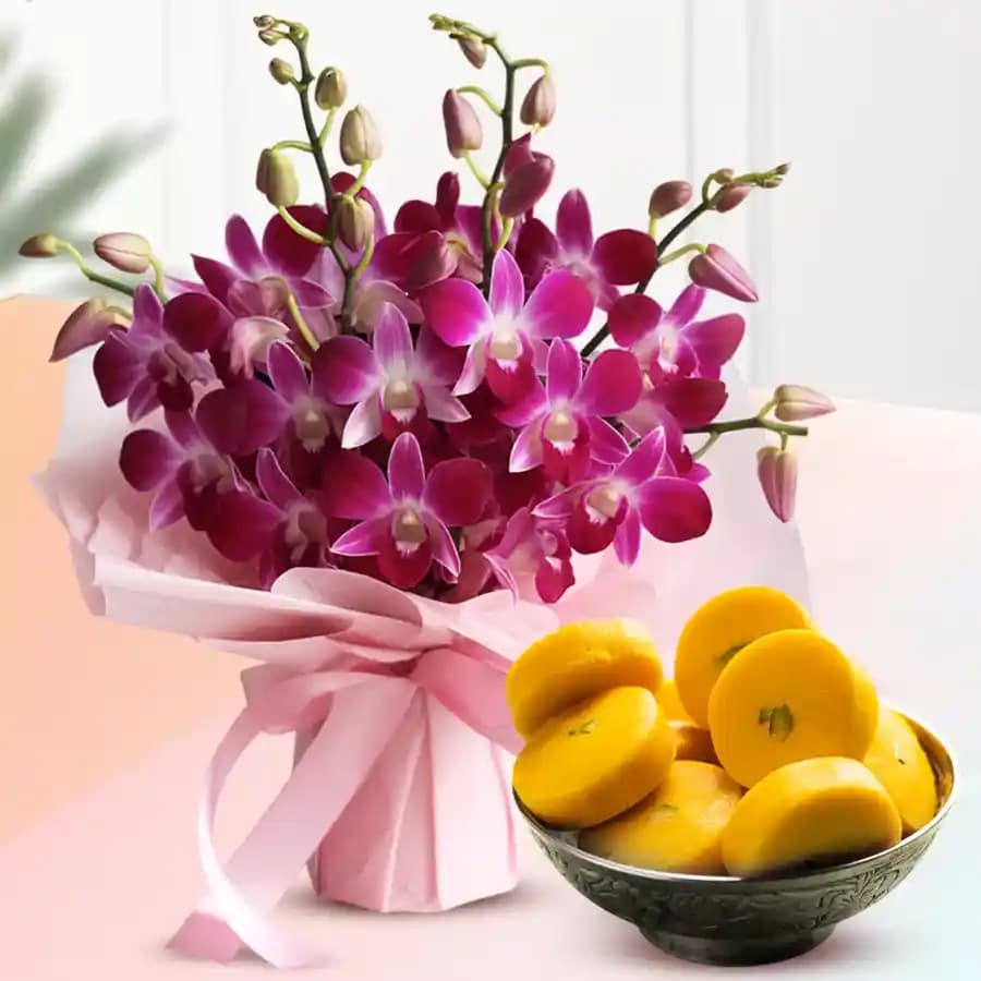 Kesar Peda from Sri Krishna Sweets with Orchid Bouquet