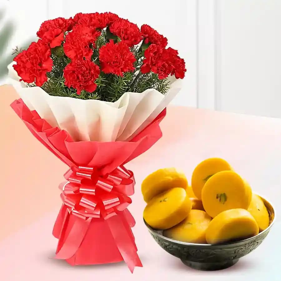 Kesar Peda from Sri Krishna Sweets with Red Carnation Tissue Wrapped Bouquet