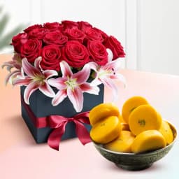 Kesar Peda from Sri Krishna Sweets with a Designer Flower Arrangement 1