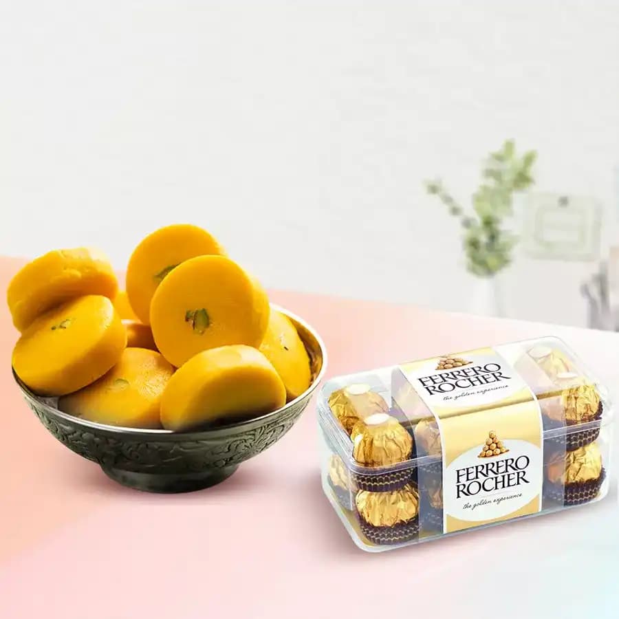 Kesar Peda from Sri Krishna Sweets with Ferrero Rocher