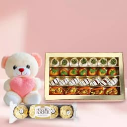 Assorted Dry Fruit Sweets from Adyar Ananda Bhawan with a Teddy N Ferrero Rocher 1