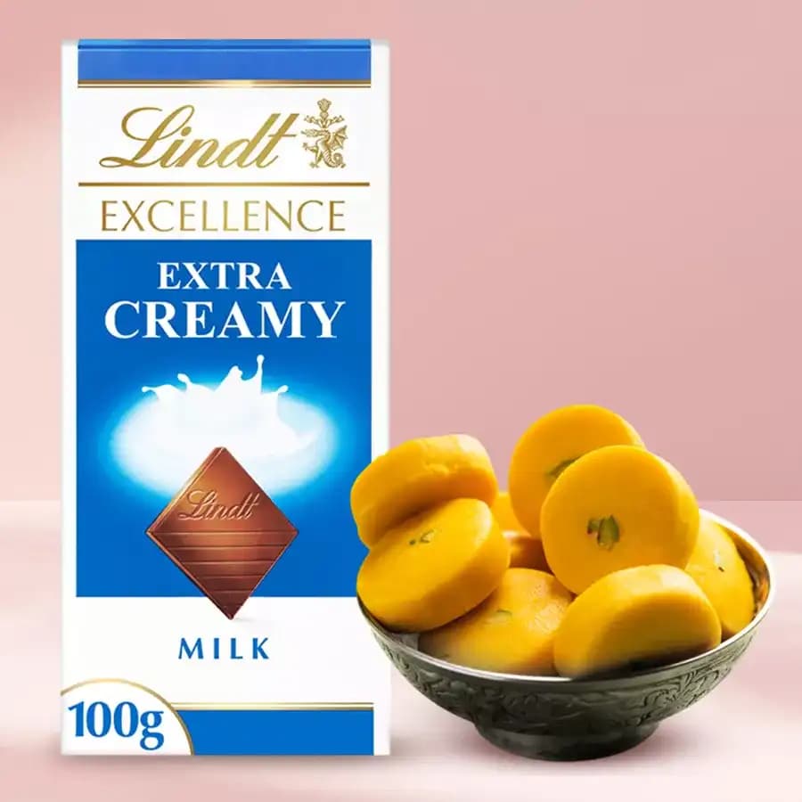 Kesar Peda from Sri Krishna Sweets with Lindt Excellence Chocolate Bar