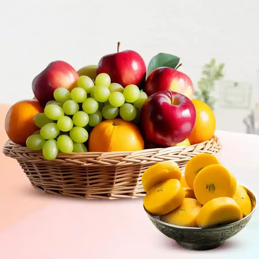 Kesar Peda from Sri Krishna Sweets with Fresh Fruit Basket