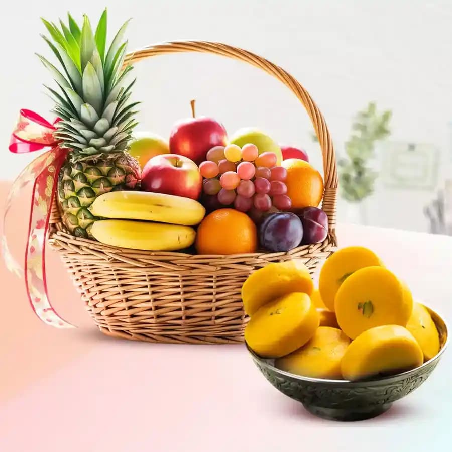 Kesar Peda from Sri Krishna Sweets with Fresh Fruit Basket