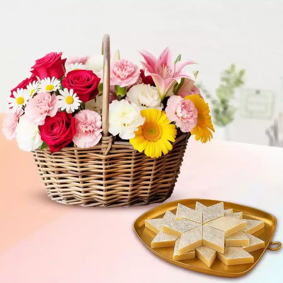 Palmsugar Kaju Kathily from Adyar Ananda Bhawan with Mixed Flower Arrangement