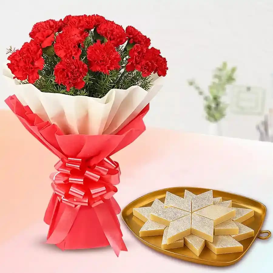 Palmsugar Kaju Kathily from Adyar Ananda Bhawan with Red Carnation Tissue Wrapped Bouquet