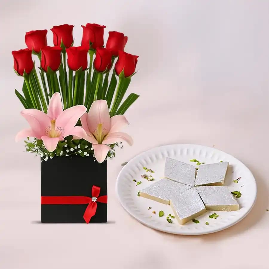 Palmsugar Kaju Kathily from Adyar Ananda Bhawan with Designer Flower Arrangement