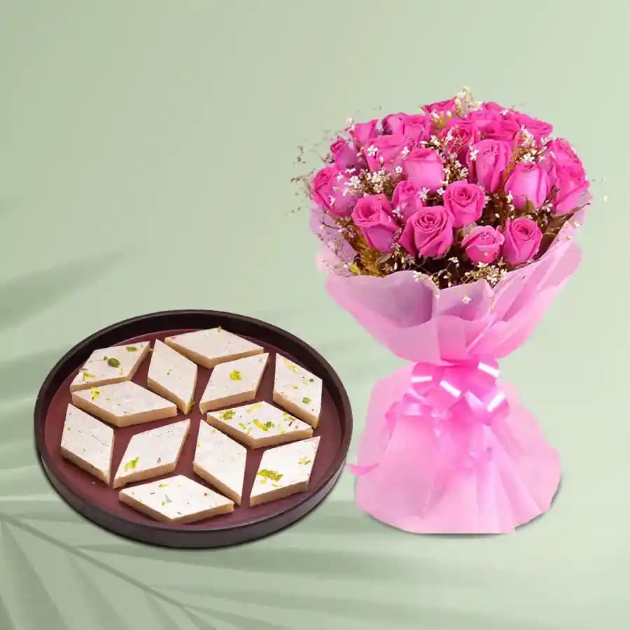 Karupatti Katli from Sri Krishna Sweets with Pink Rose Bouquet