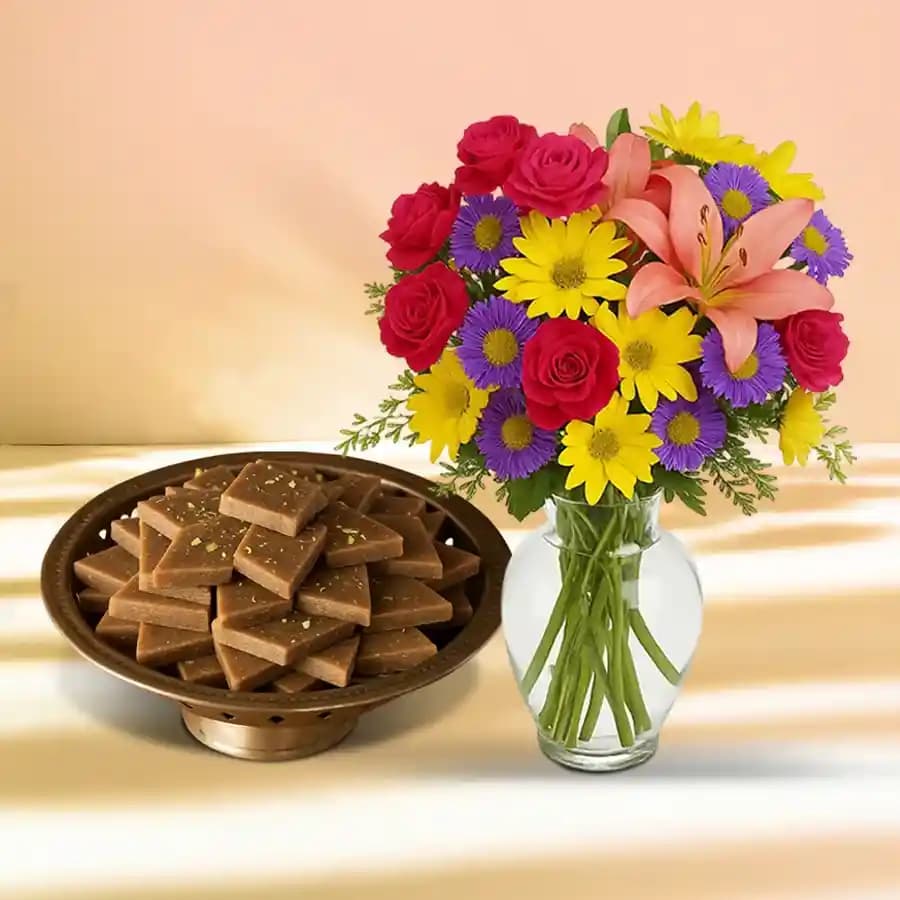 Karupatti Katli from Sri Krishna Sweets with Mixed Flower Arrangement