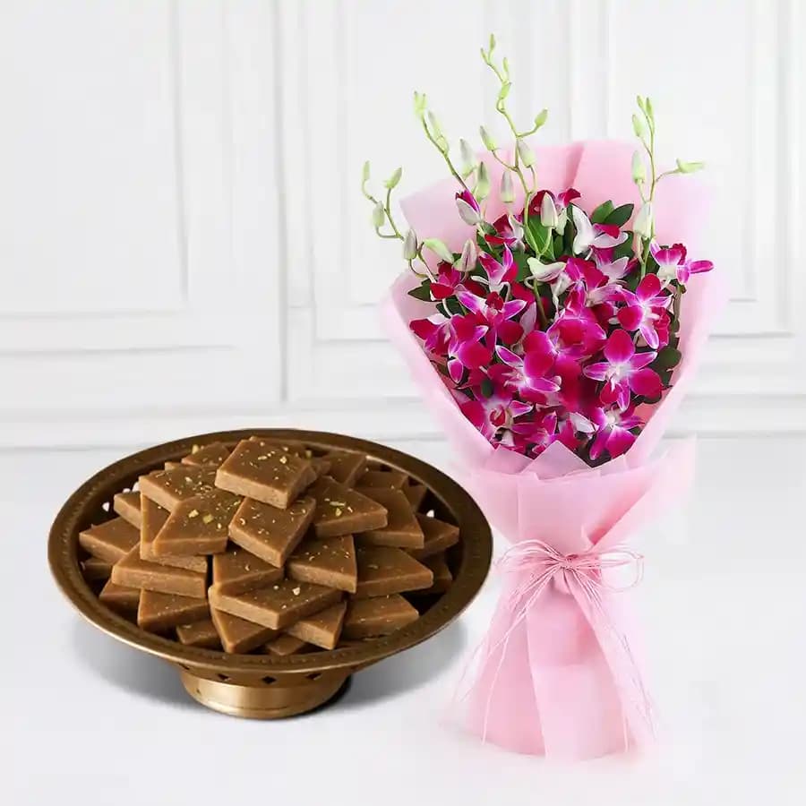 Karupatti Katli from Sri Krishna Sweets with Orchid Bouquet