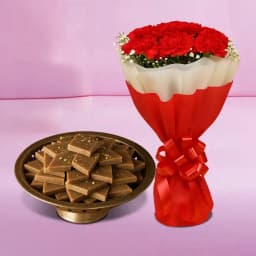 Karupatti Katli from Sri Krishna Sweets with Red Carnation Tissue Wrapped Bouquet 1
