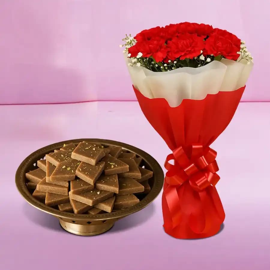 Karupatti Katli from Sri Krishna Sweets with Red Carnation Tissue Wrapped Bouquet