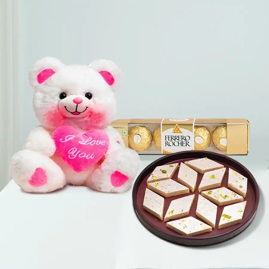 Palmsugar Kaju Kathily from Adyar Ananda Bhawan with a Teddy N Ferrero Rocher Chocolate Pack