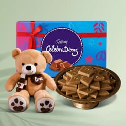 Karupatti Katli from Sri Krishna Sweets with Teddy N Cadbury Celebration Chocolate Pack 1