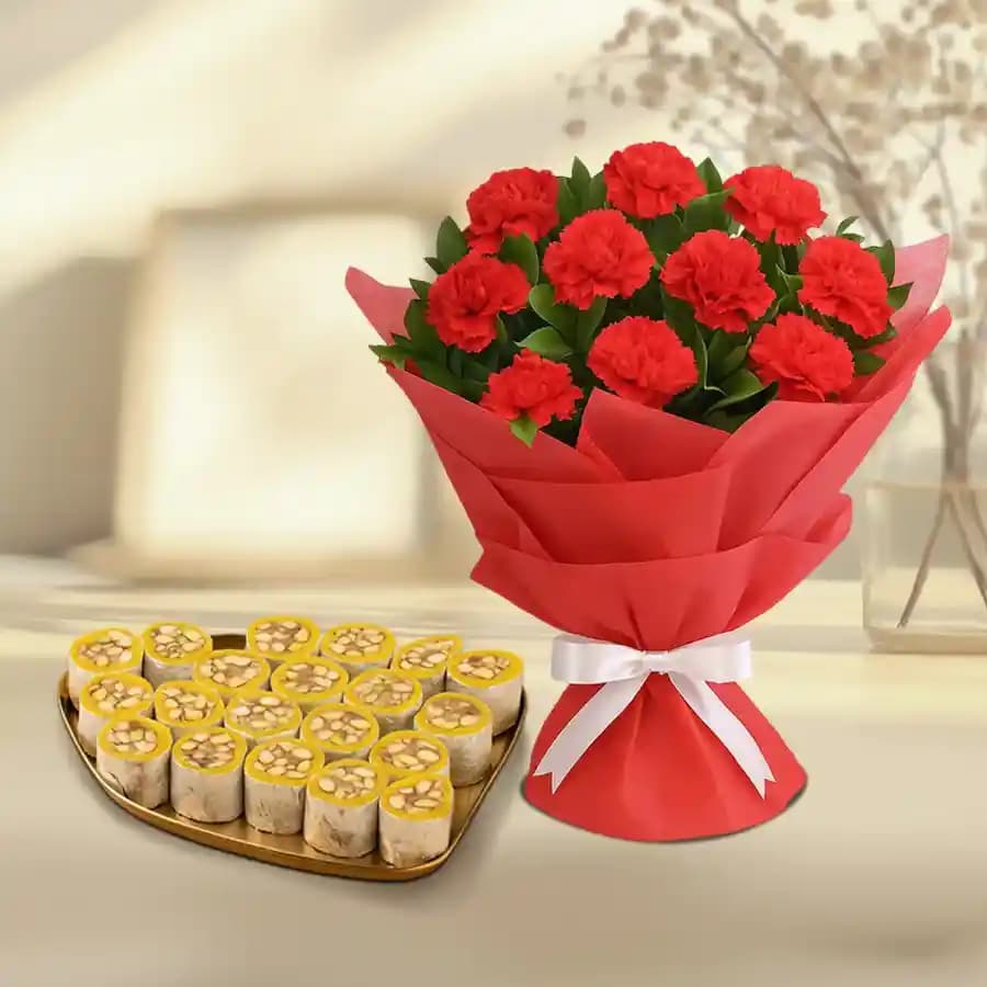 Dry Fruit Honey Dew from Adyar Ananda Bhawan with Red Carnation Tissue Wrapped Bouquet