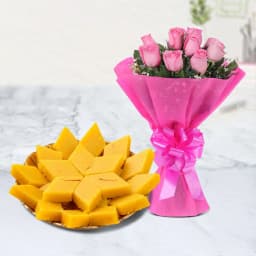 Badam Cake from Adyar Ananda Bhawan with Pink Rose Bouquet 1