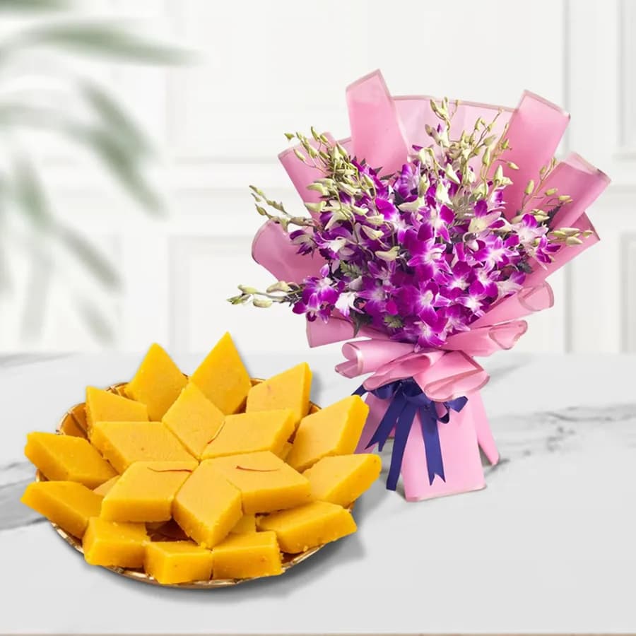 Badam Cake from Adyar Ananda Bhawan with Orchid Bouquet