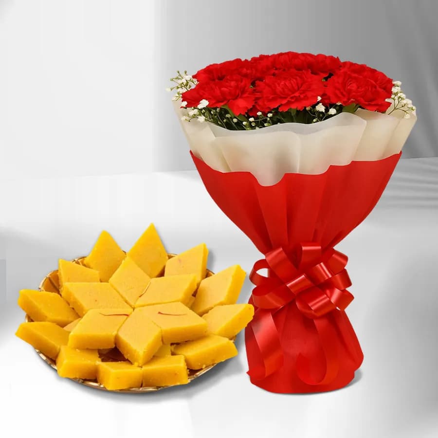 Badam Cake from Adyar Ananda Bhawan with Red Carnation Tissue Wrapped Bouquet