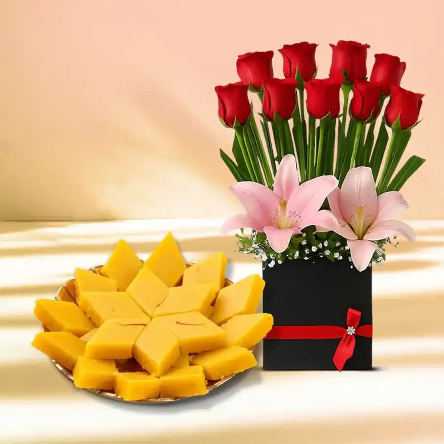 Badam Cake from Adyar Ananda Bhawan with Designer Flower Arrangement