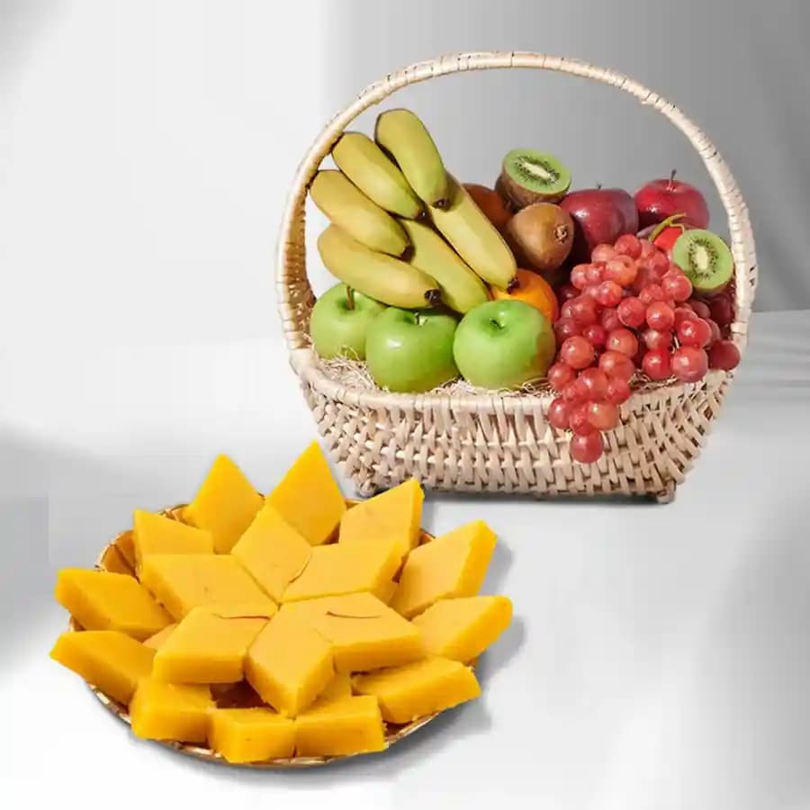 Badam Cake from Adyar Ananda Bhawan with Fresh Fruit Basket