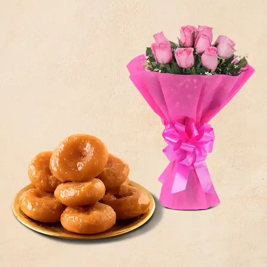 Badusha from G Pulla Reddy with Pink Rose Bouquet