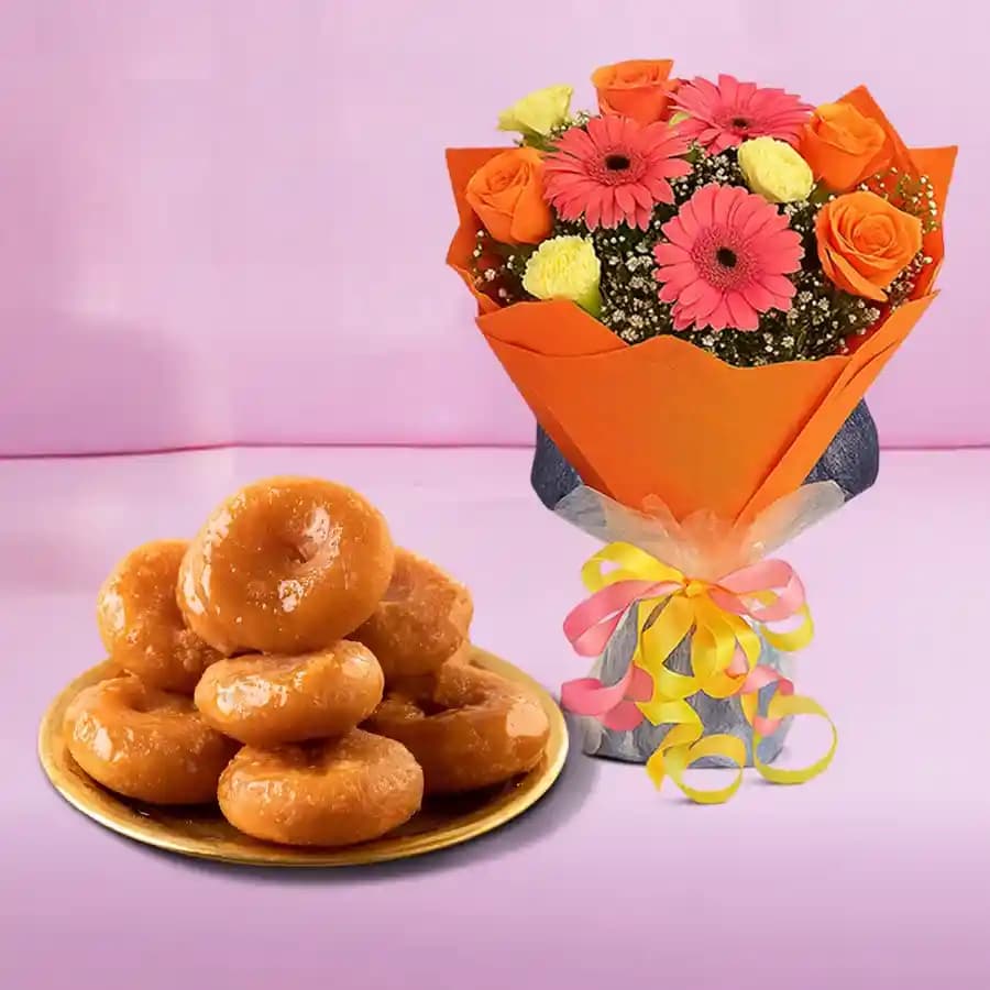 Badusha from G Pulla Reddy with Seasonal Flower Bouquet