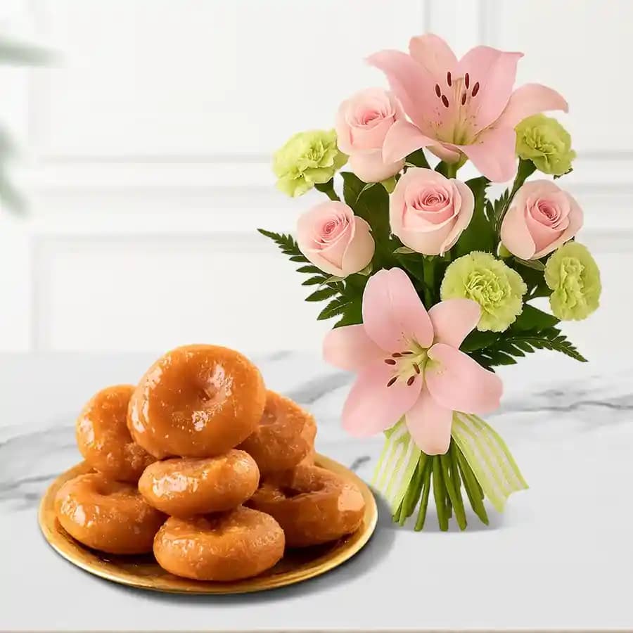 Badusha from G Pulla Reddy with Flowers Bouquet