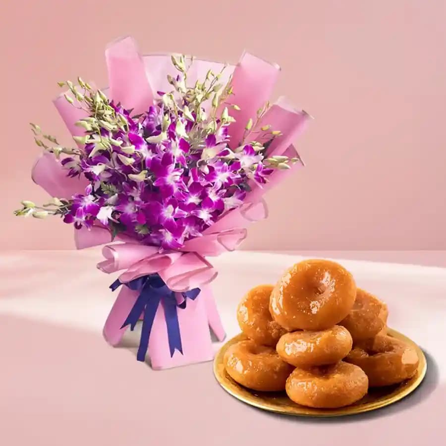 Badusha from G Pulla Reddy with Orchid Bouquet