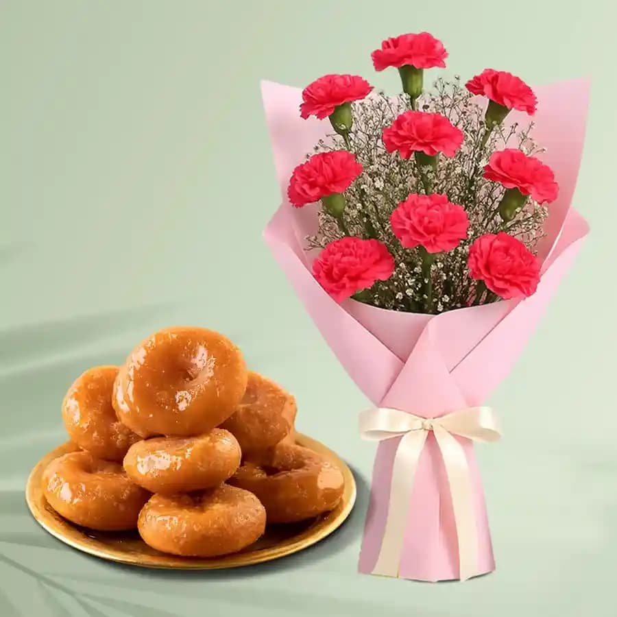 Badusha from G Pulla Reddy with Red Carnation Bouquet