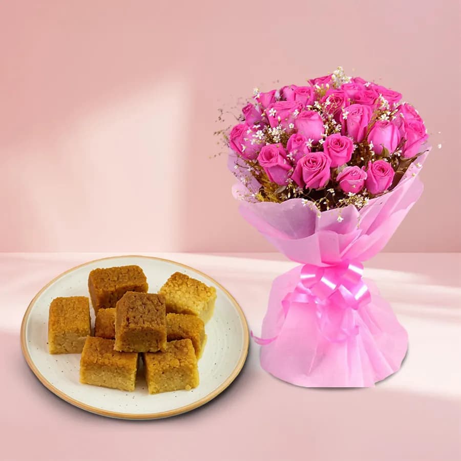 Ajmeeri Kalakand from Dadus with Pink Roses Bouquet