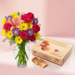 Ajmeeri Kalakand from Dadus with a Mixed Flower Arrangement 1