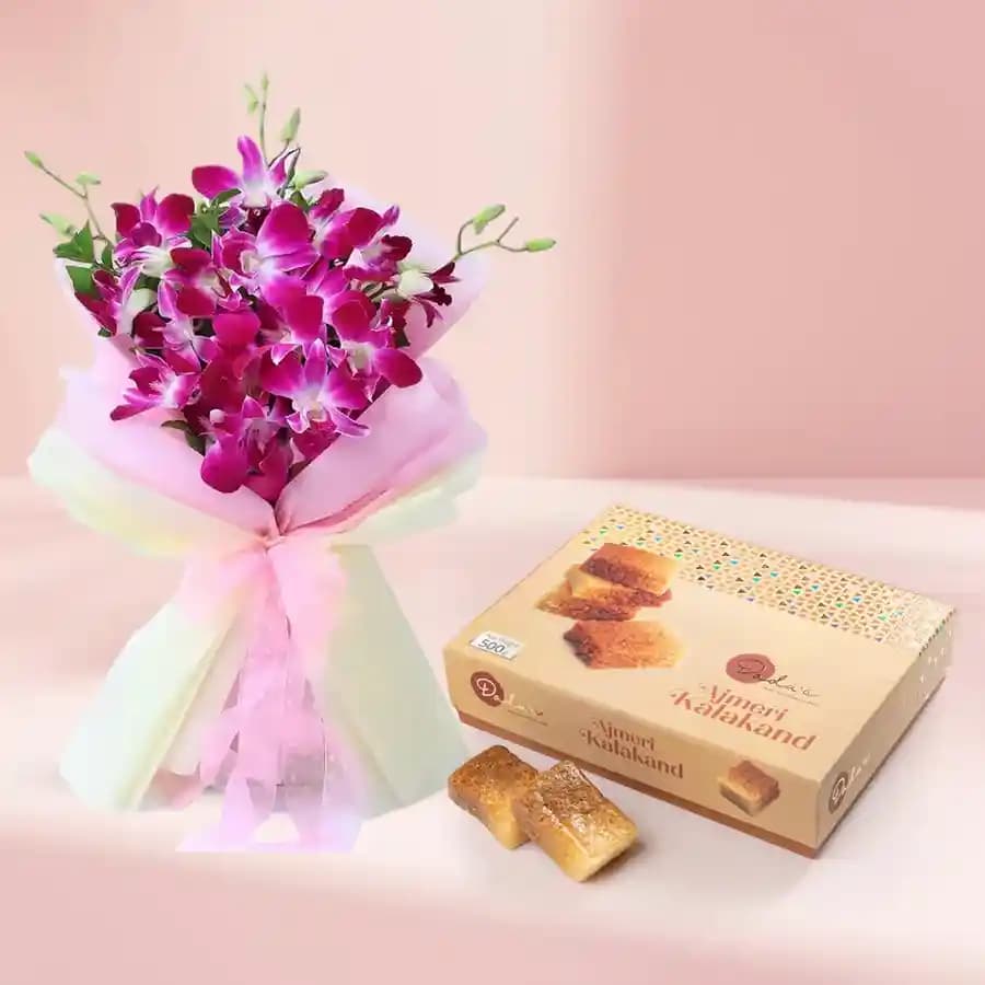 Ajmeeri Kalakand from Dadus with Orchid Bouquet
