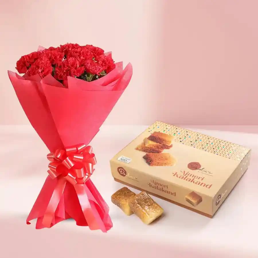 Ajmeeri Kalakand from Dadus with Red Carnation Tissue Wrapped Bouquet