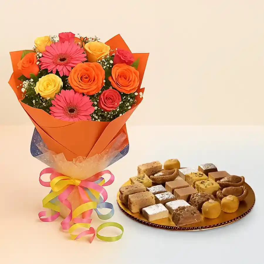 Assorted Sweets from G Pulla Reddy with Seasonal Flower Bouquet