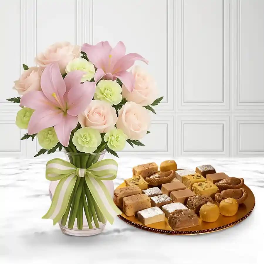 Assorted Sweets from G Pulla Reddy with Flowers Bouquet
