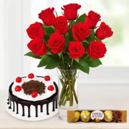 Gorgeous Bouquet of Red Roses with Ferrero Rocher and Black Forest Cake 1