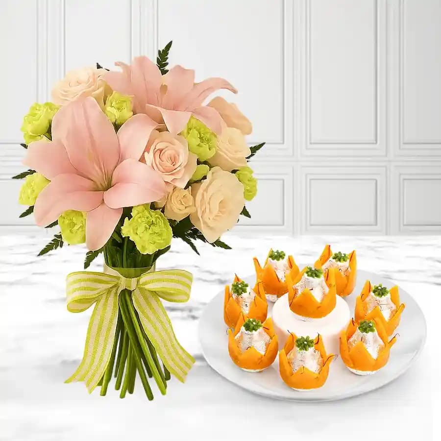 Badam Kalash from Dadus with a Flowers Bouquet