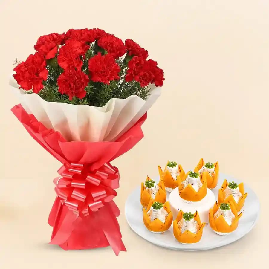Badam Kalash from Dadus with Red Carnation Tissue Wrapped Bouquet