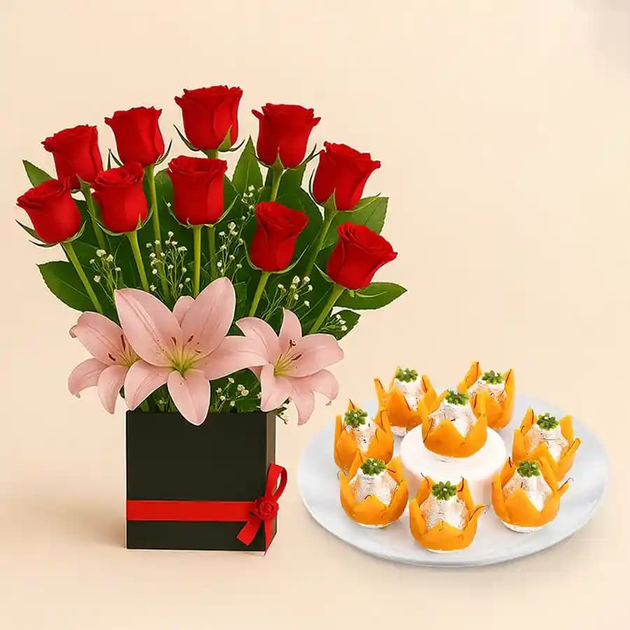 Badam Kalash from Dadus with a Designer Flower Arrangement