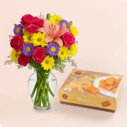 Ghee Mysorepak from Dadus with a Mixed Flower Arrangement 1