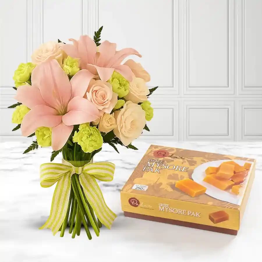 Ghee Mysorepak from Dadus with a Flowers Bouquet