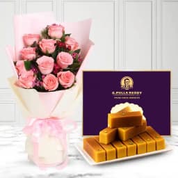 Milk Mysorepak from G Pulla Reddy with Pink Rose Bouquet 1