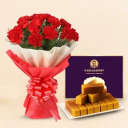 Milk Mysorepak from G Pulla Reddy with Red Carnation Bouquet 1