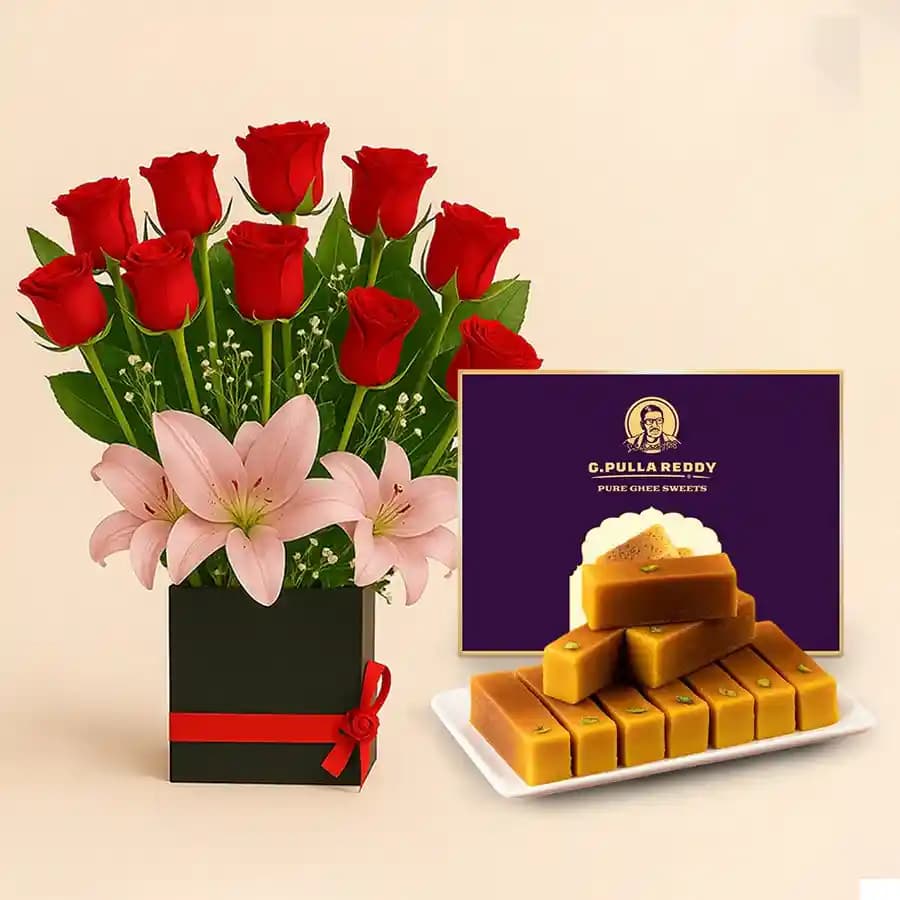 Milk Mysorepak from G Pulla Reddy with Designer Flower Arrangement