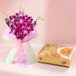 Ghee Mysorepak from Dadus with Orchid Bouquet 1
