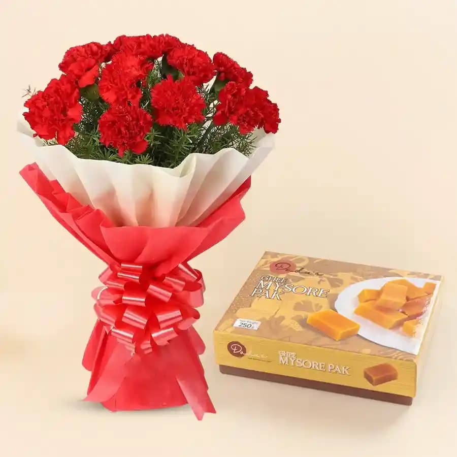 Ghee Mysorepak from Dadus with Red Carnation Tissue Wrapped Bouquet