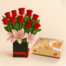 Ghee Mysorepak from Dadus with a Designer Flower Arrangement 1